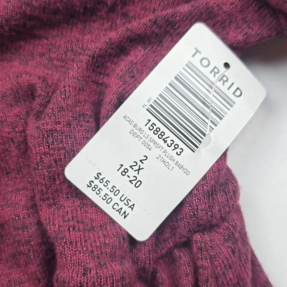 Torrid NWT Babydoll Dress - Super Soft Plush Burgundy Long Sleeve Plus Size‎ 2X